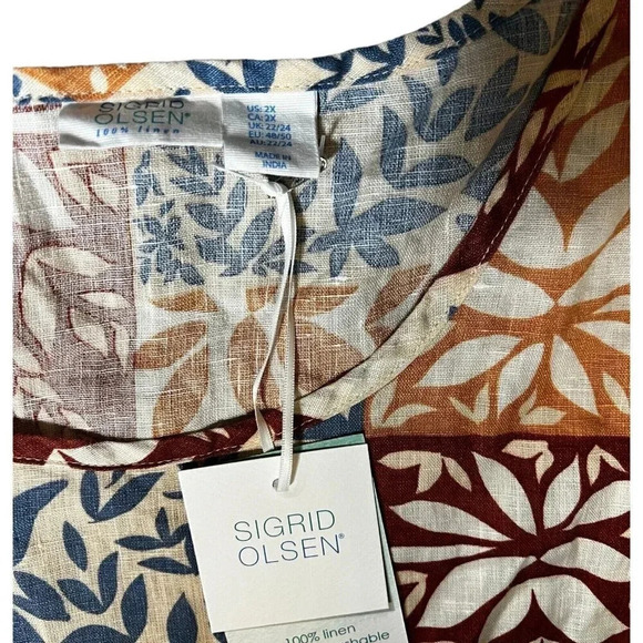 SIGRID OLSEN Top Floral Short Sleeve 100% Linen Sheer Orange Brown Blue Size 2X - Picture 4 of 6